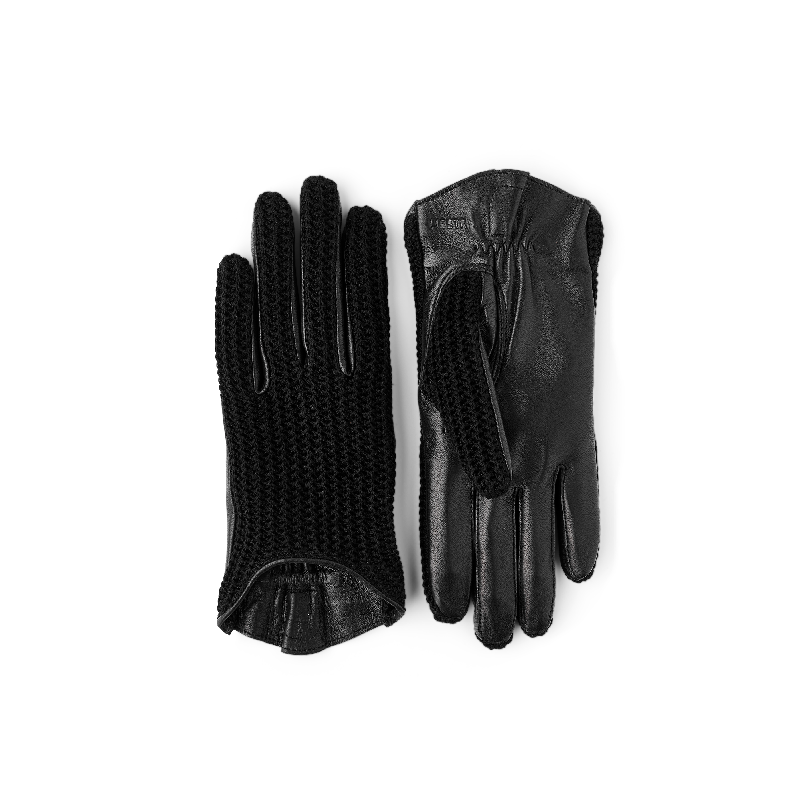 Melissa black knit and leather gloves, pair displayed front and back view
