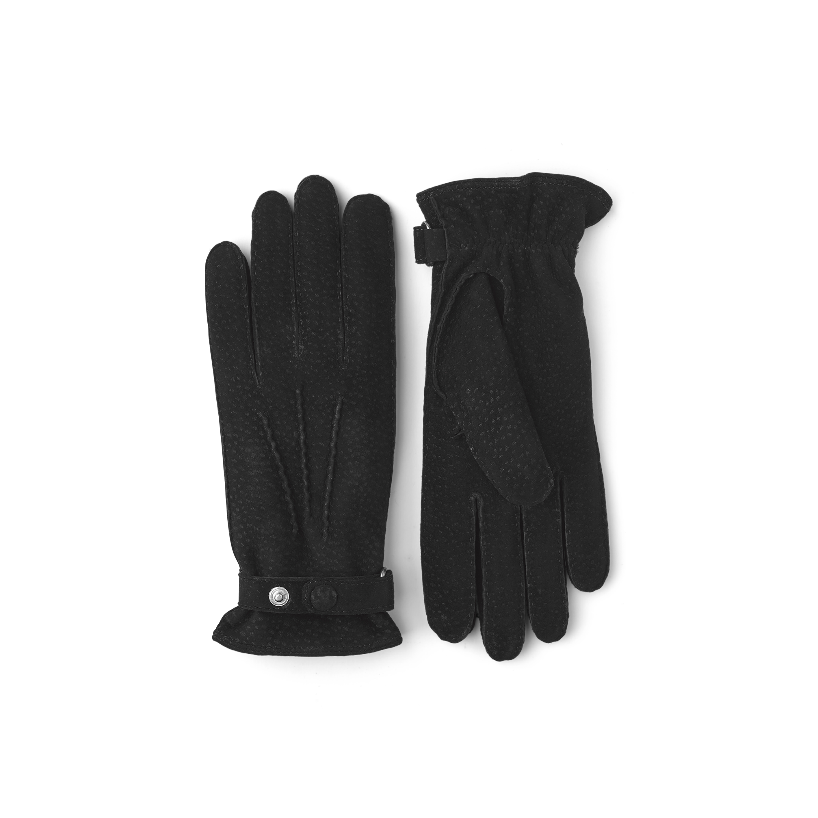 Svart handsydd handske i carpincho nubuck med läderrem och knapp