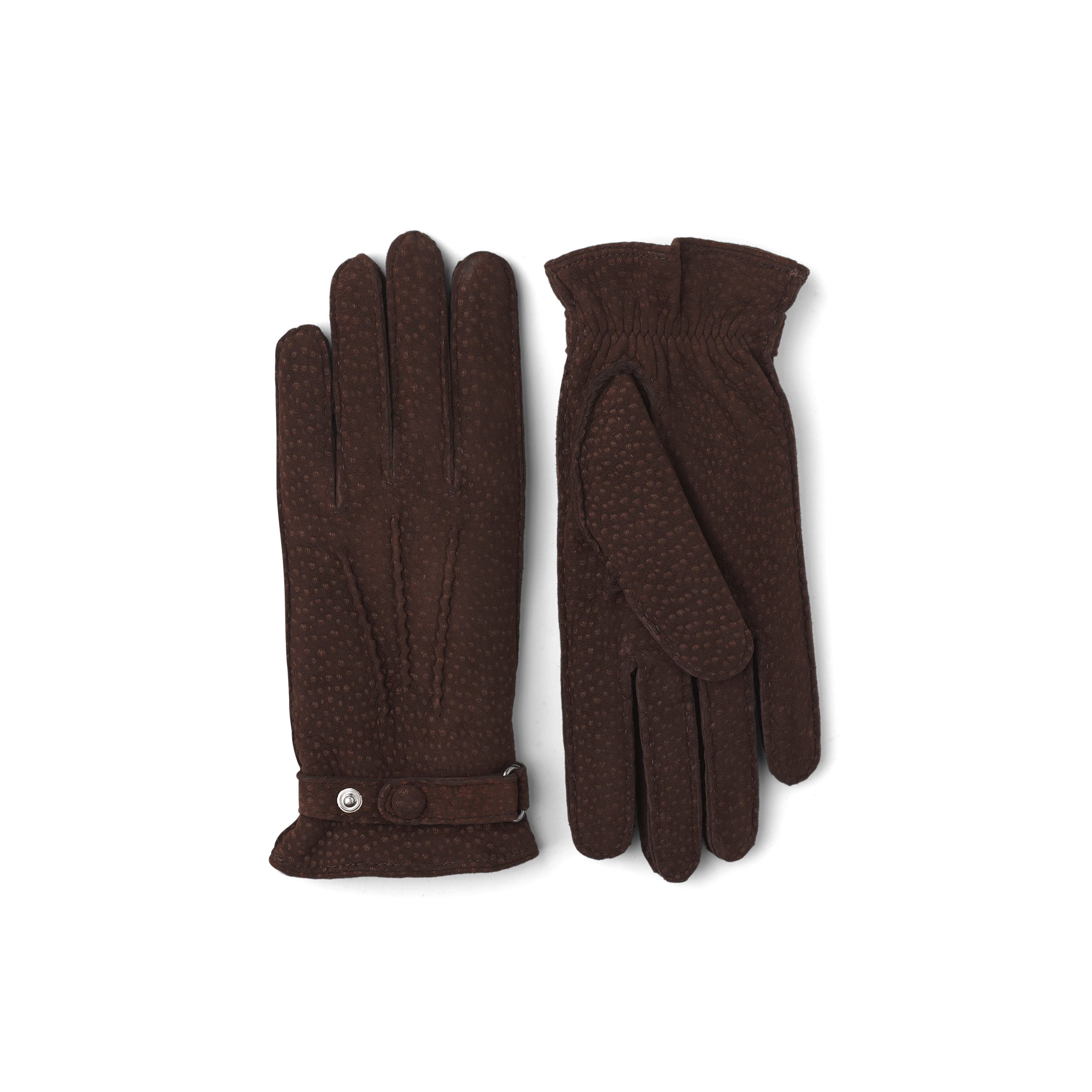 Brun handsydd handske i carpincho nubuck med läderrem och knapp