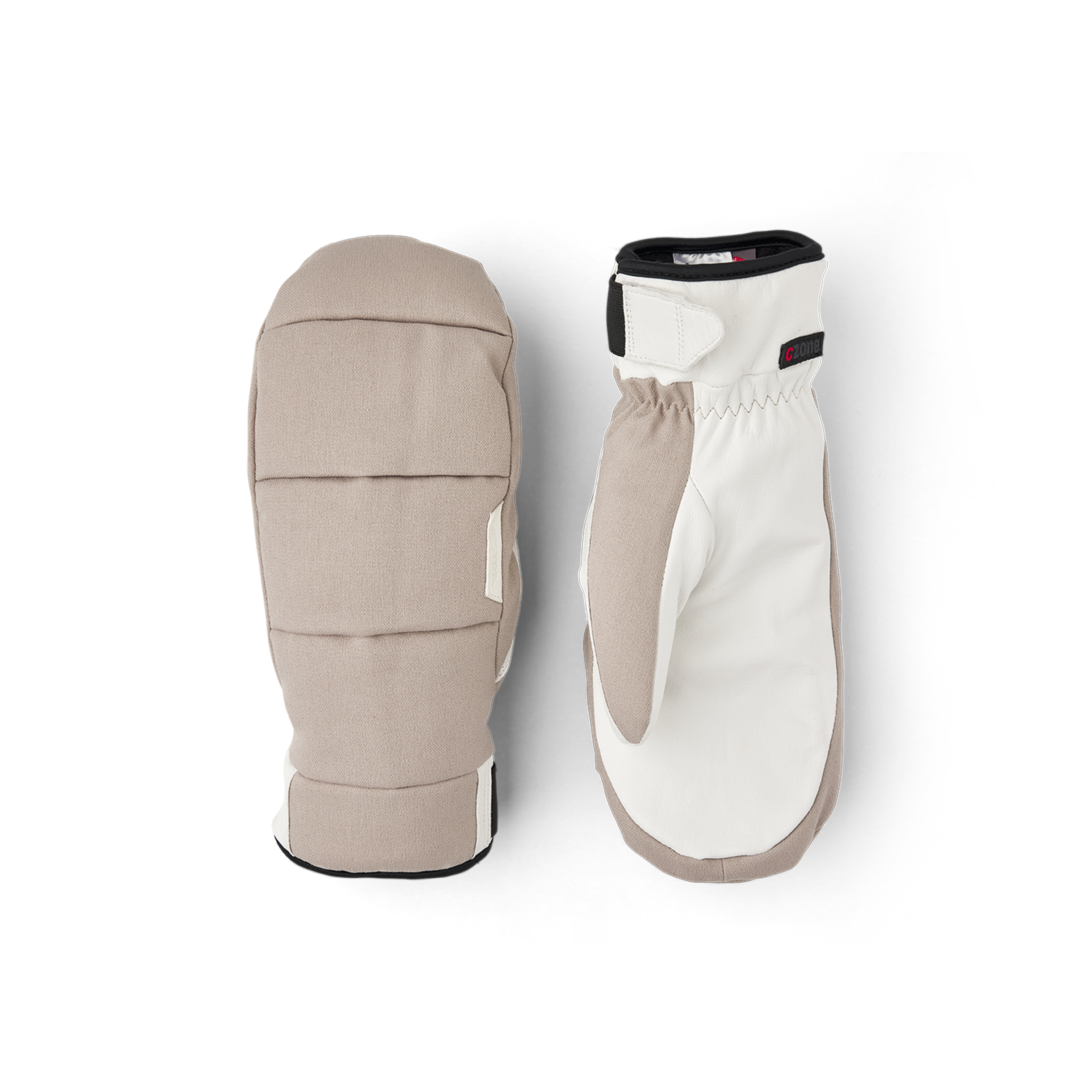 Beige tumhandske i tyg med vitt getskinn i innerhanden