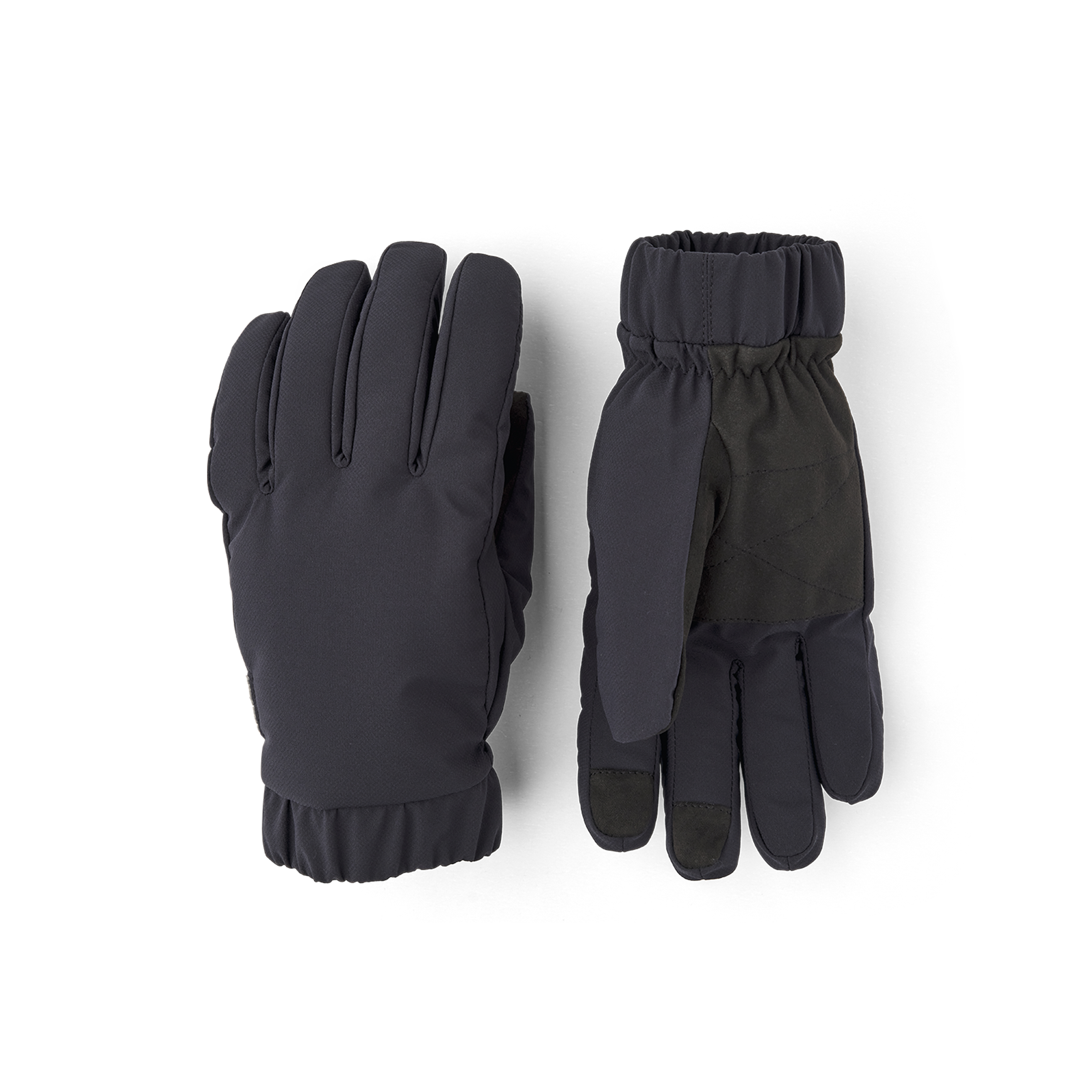 Svart handske i tyg med elastisk mudd i tyg