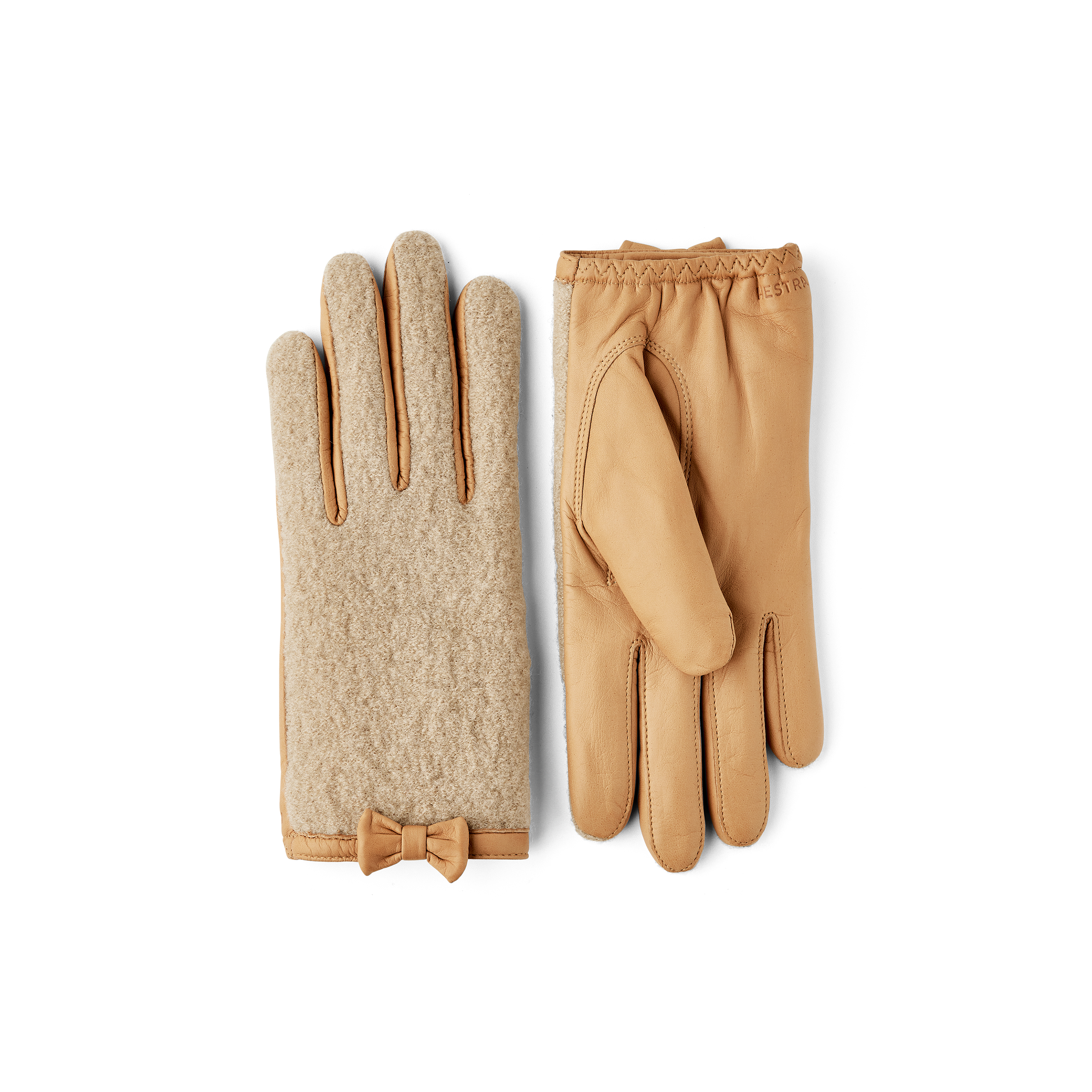 Grön skinnhandske i lammnappa med bouclé-stickad bakhand och liten rosett