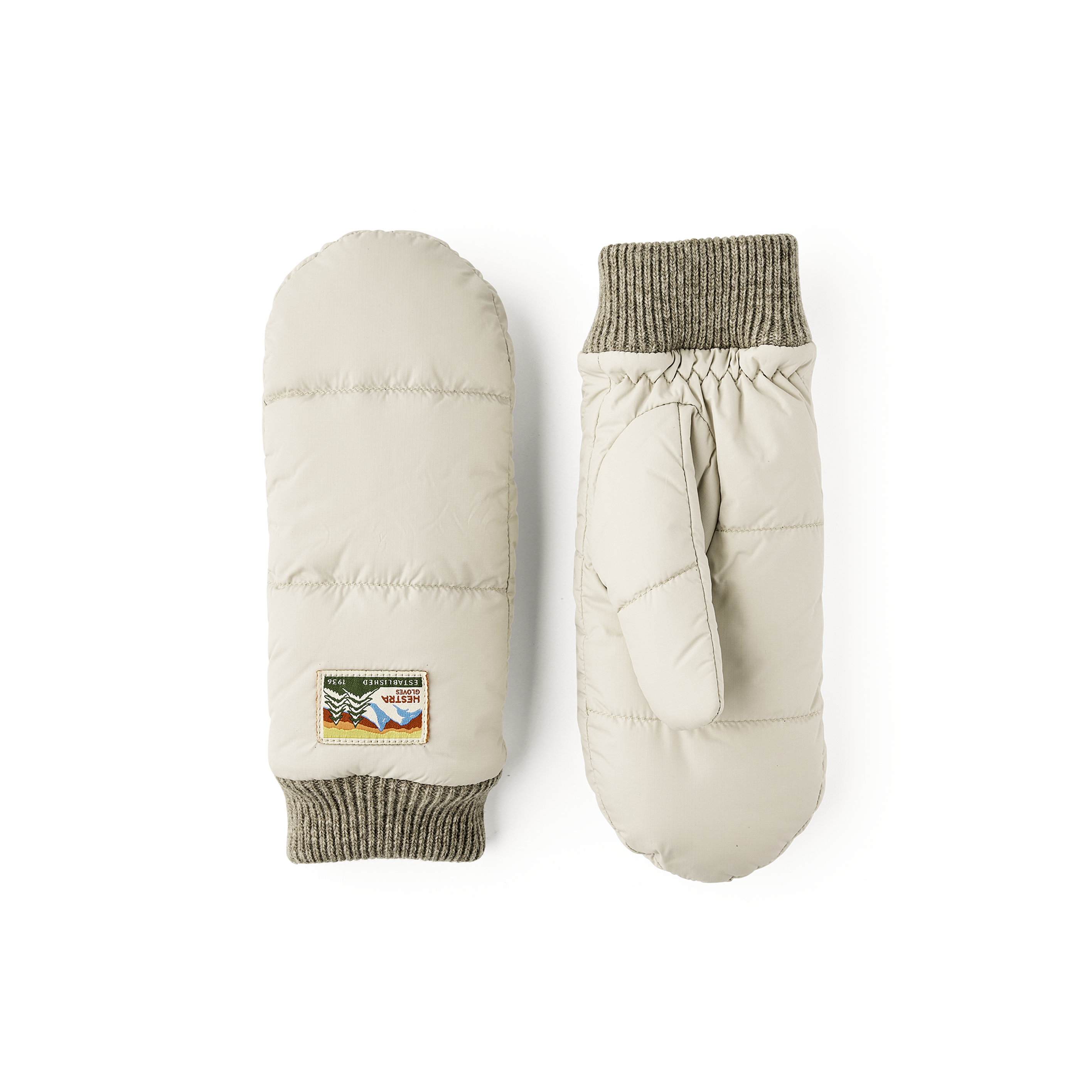 Ljusbeige tumhandske i tyg med ljusgrå stickad mudd