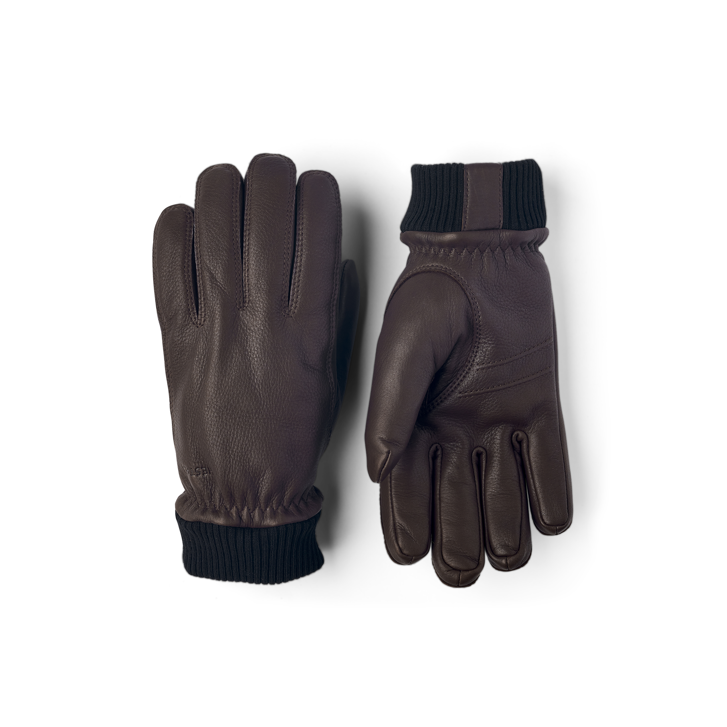 Choklad maskinsydd handske i hjortskinn med stickad mudd