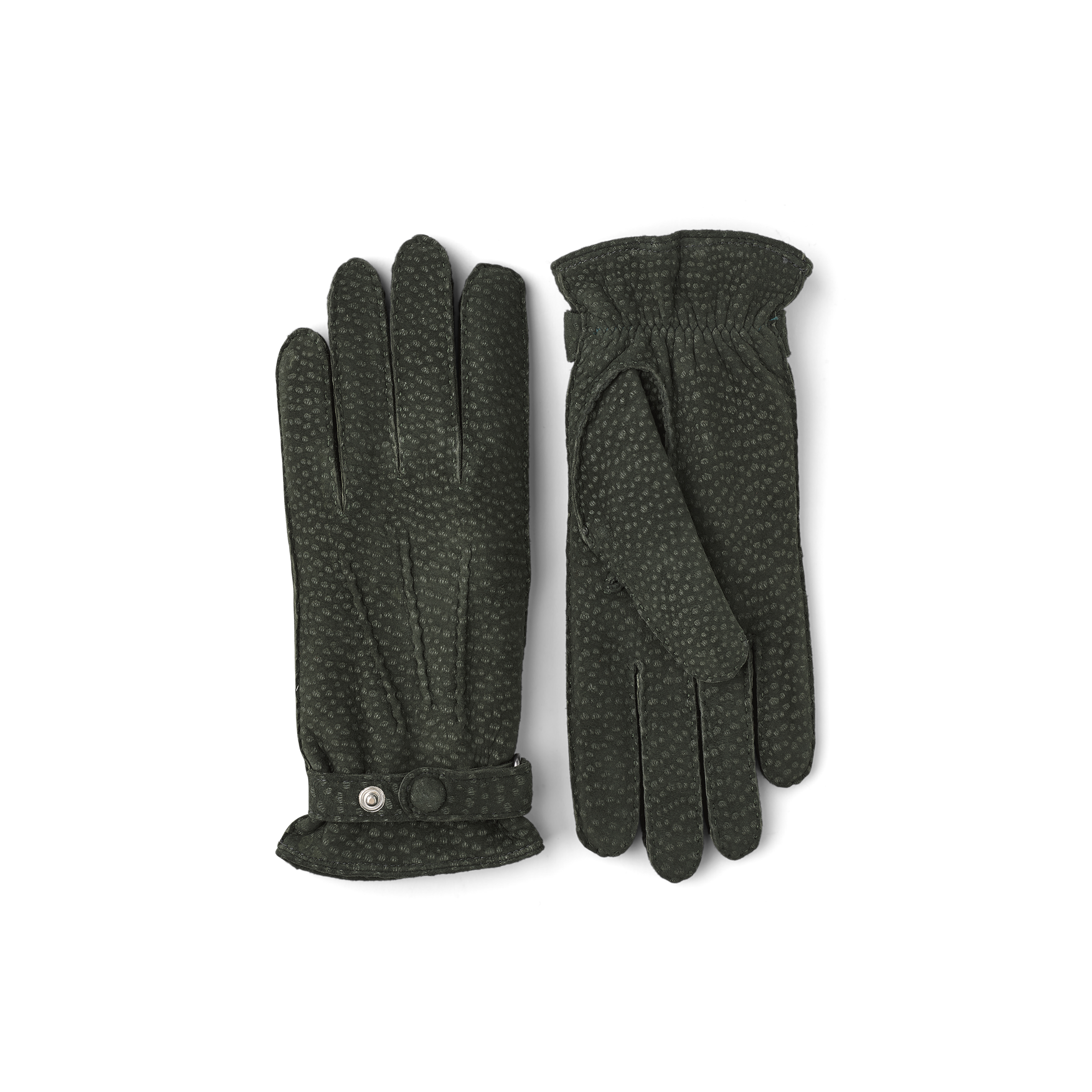 Mörkgrön handsydd handske i carpincho nubuck med läderrem och knapp