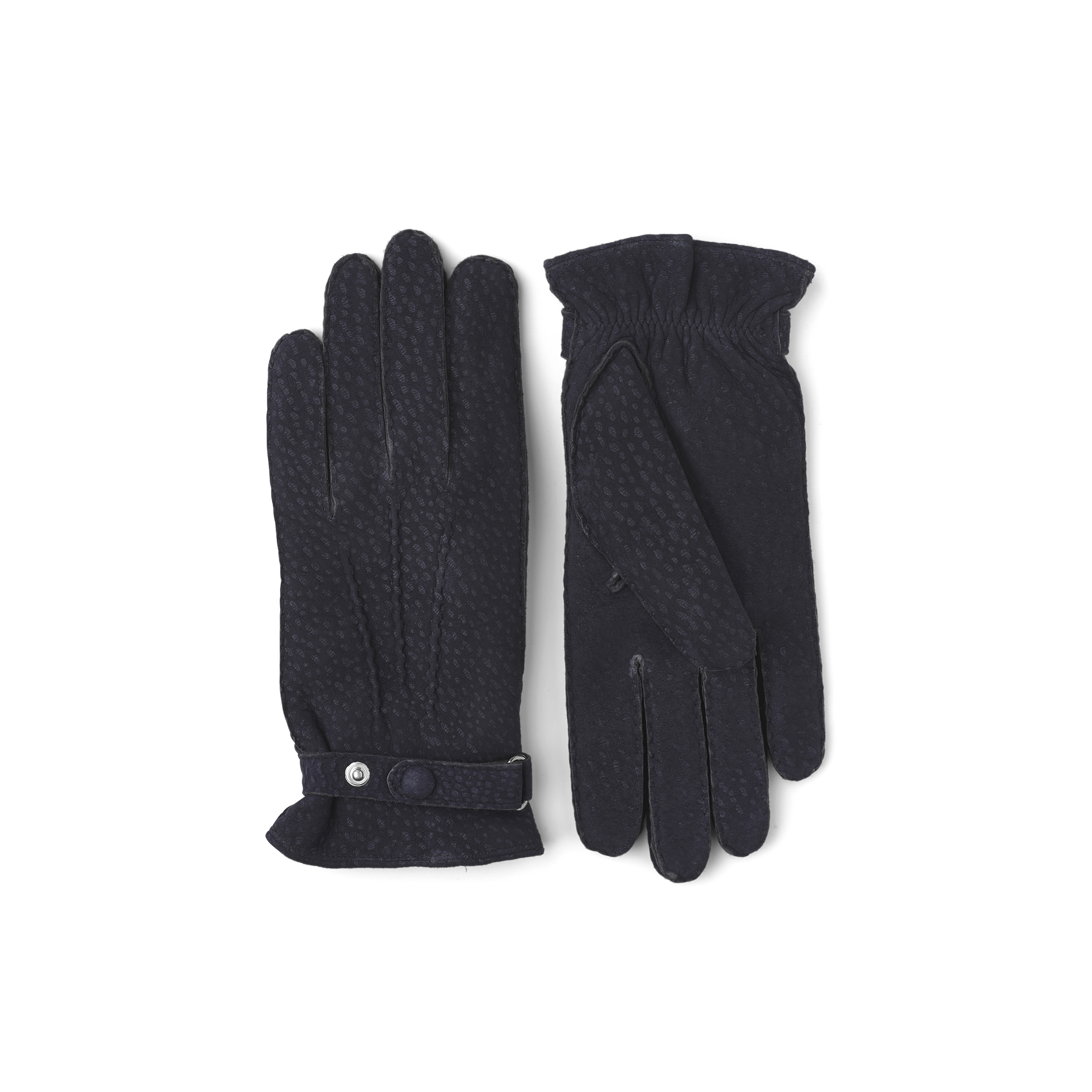 Mörkblå handsydd handske i carpincho nubuck med läderrem och knapp