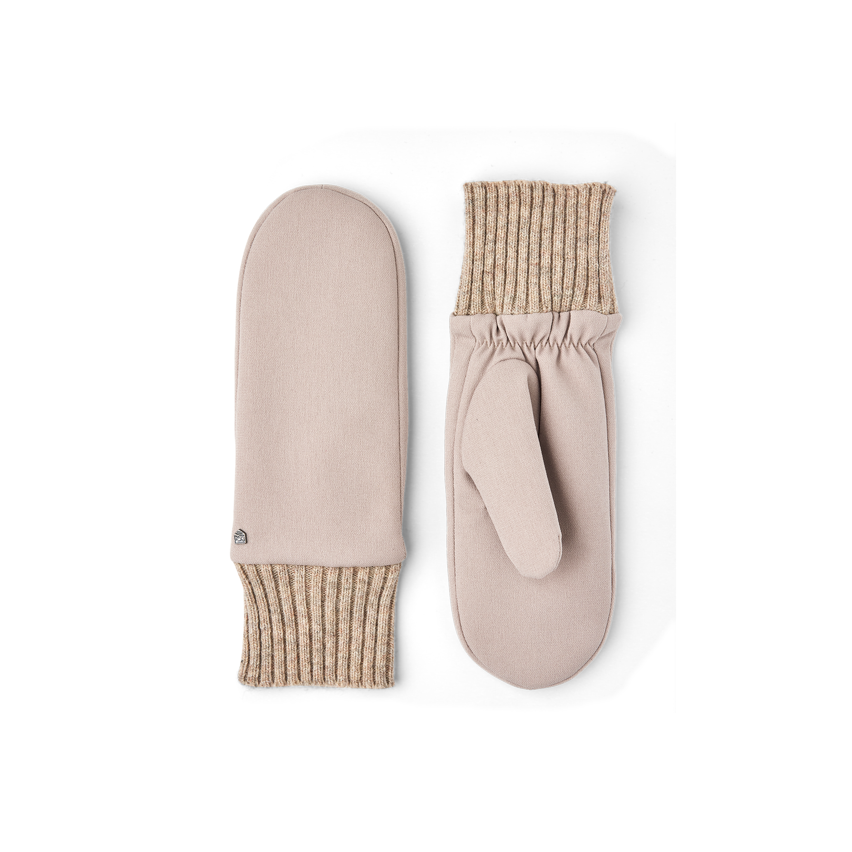 Beige tumhandske i tyg med stickad mudd