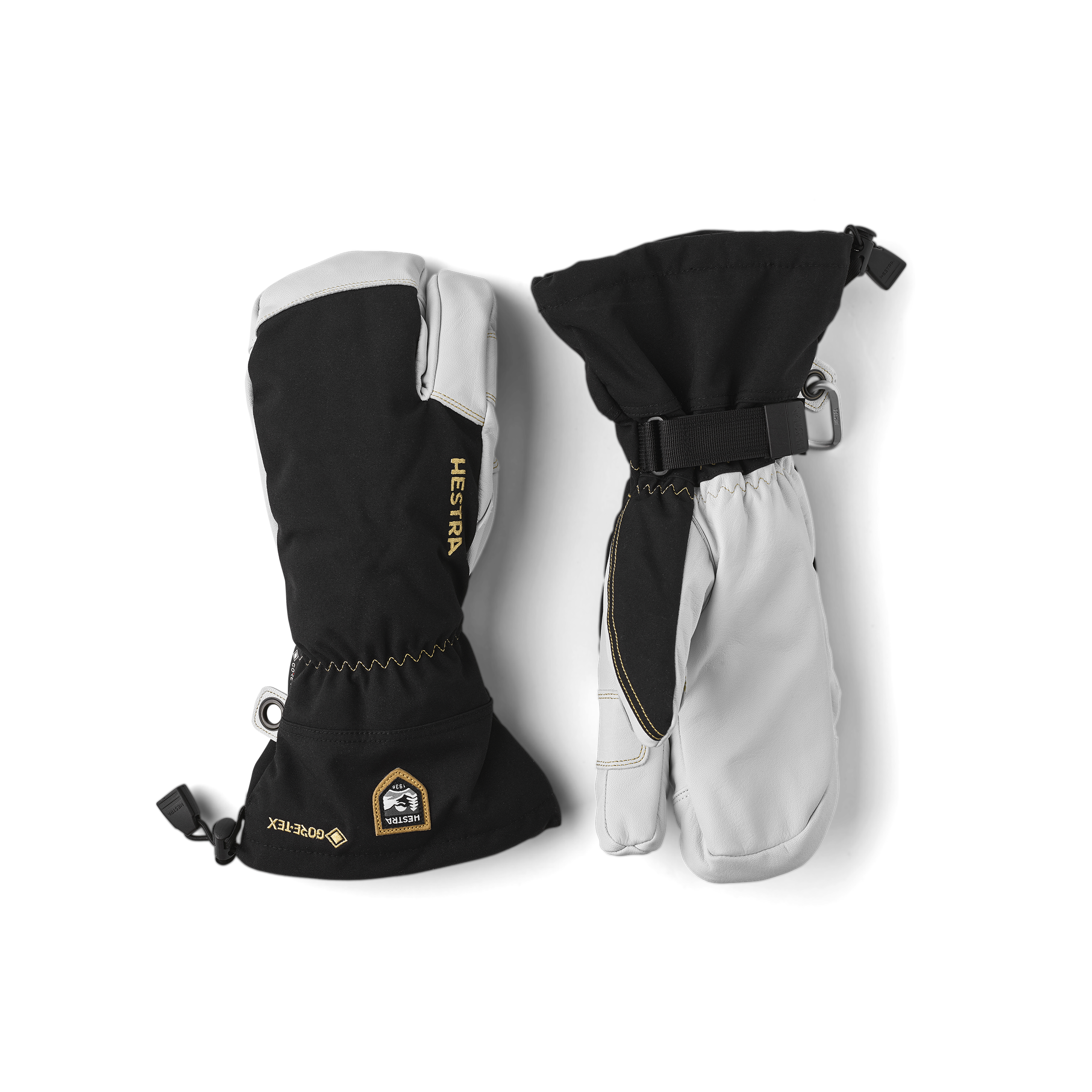 Svart trefingershandske med vitt getskinn i innerhanden och handledsjustering