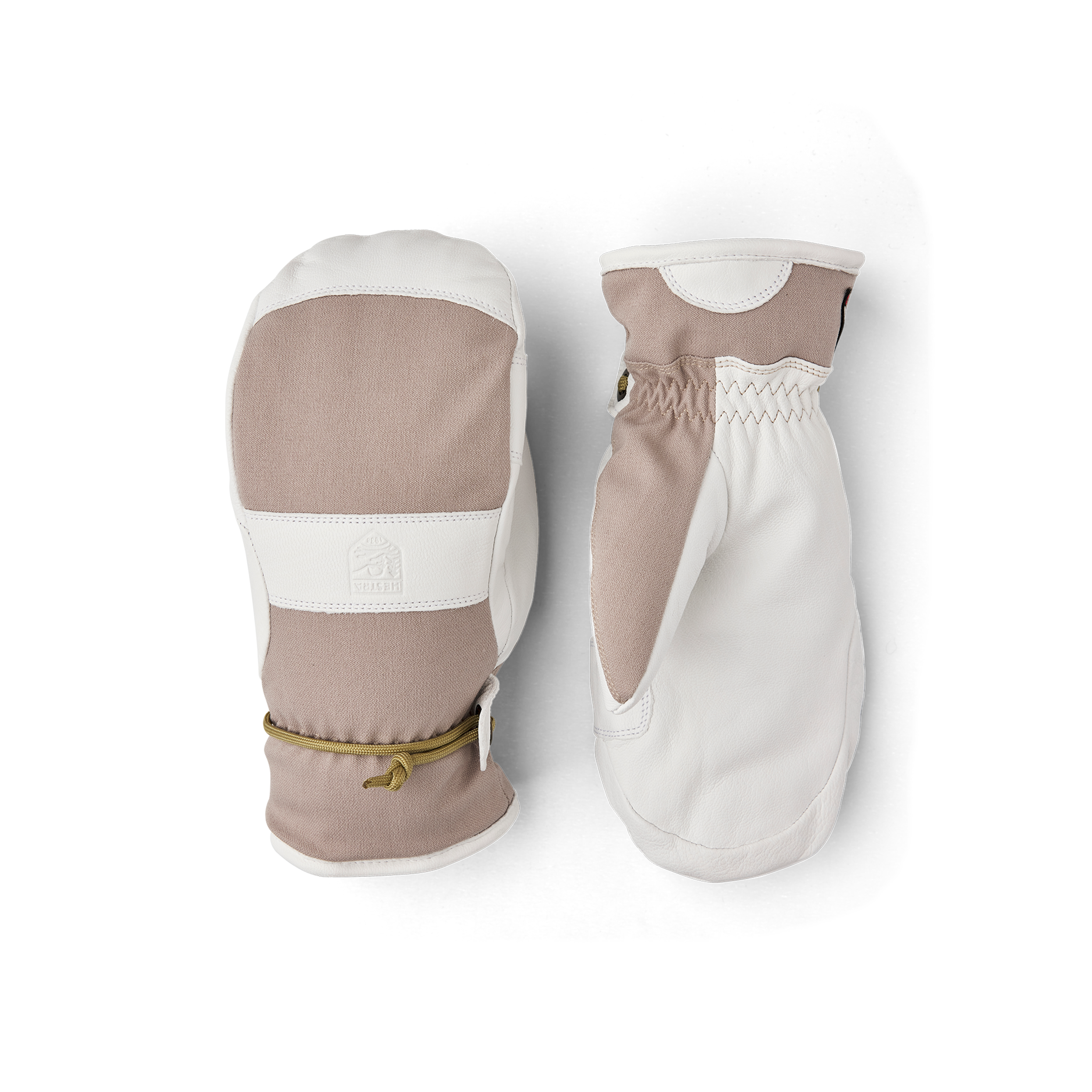 Beige tumhandske med vitt getskinn i innerhanden och handledsrem