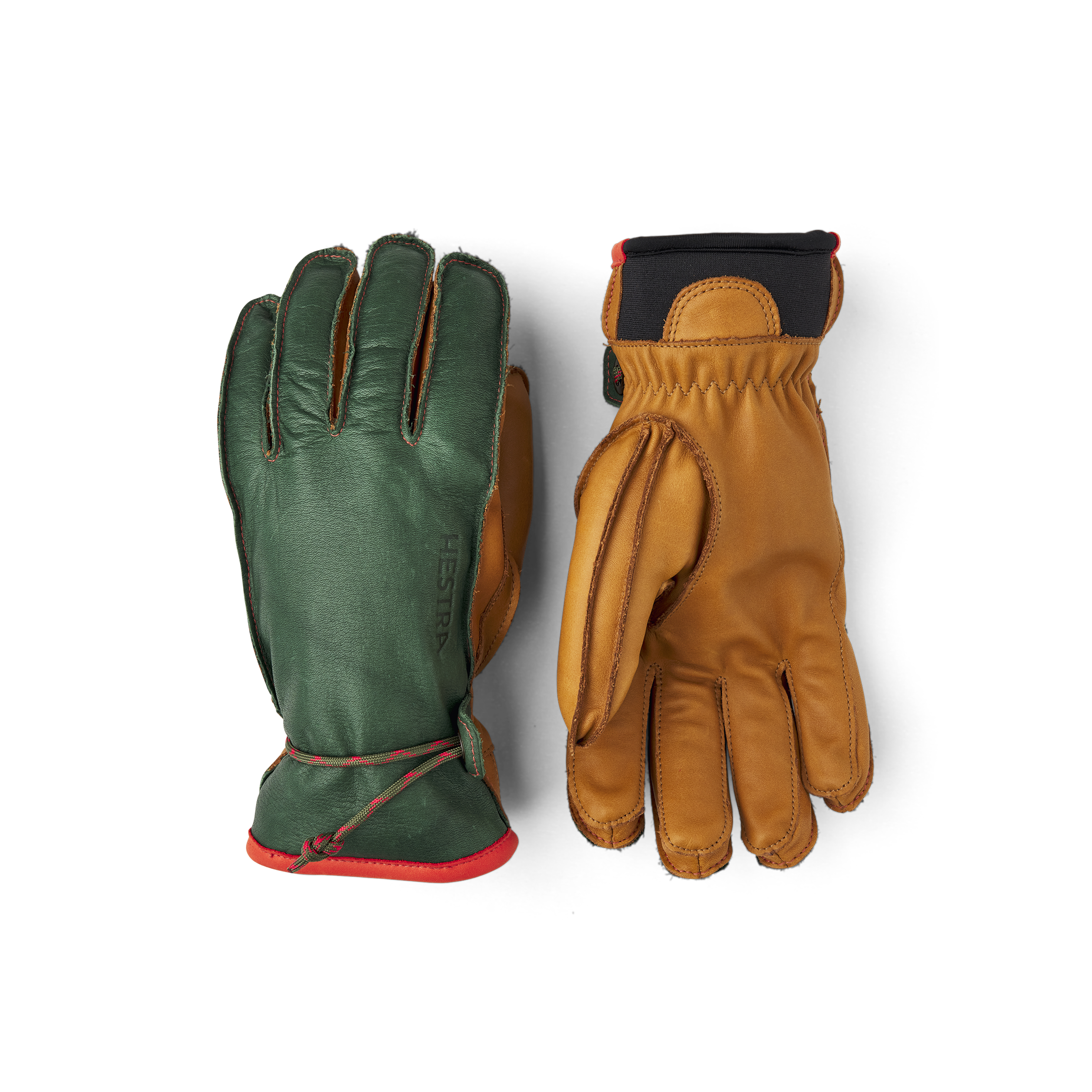 Dark green cow hide ski glove with light brown palm and wrist adjustment