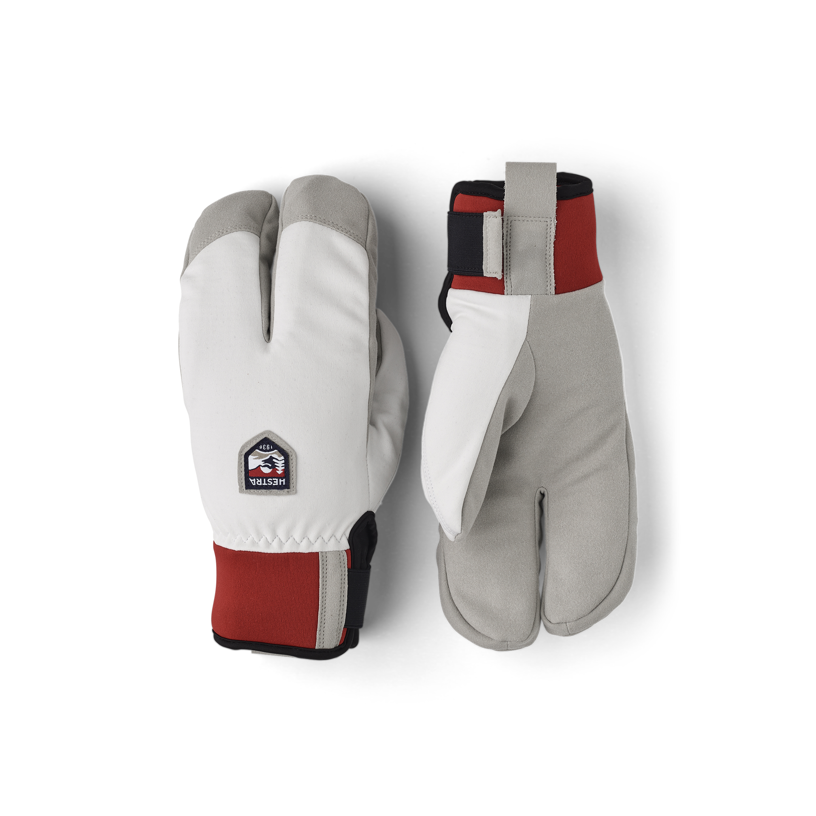 Vit och röd lobsterhandske i tyg med grå innerhand i syntetisk mocka