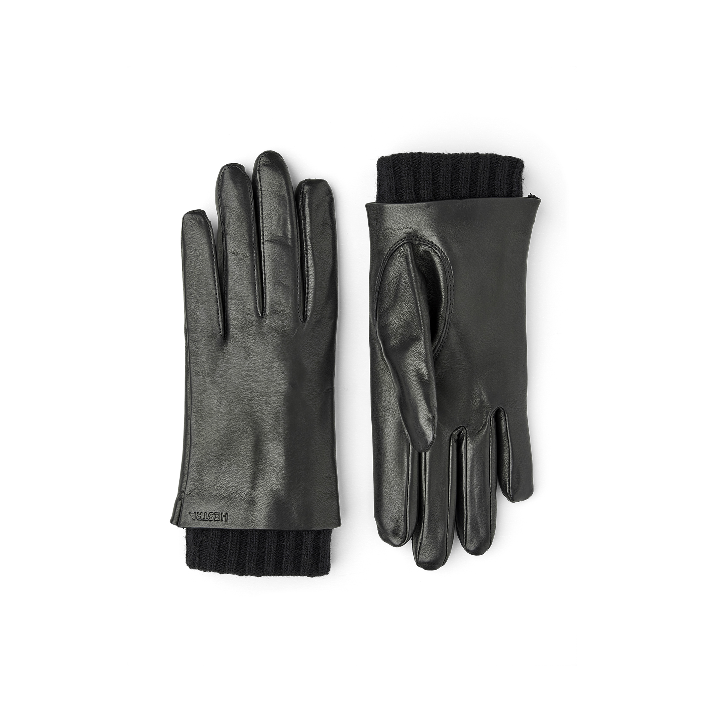 Svart maskinsydd skinnhandske i lammnappa med stickad mudd