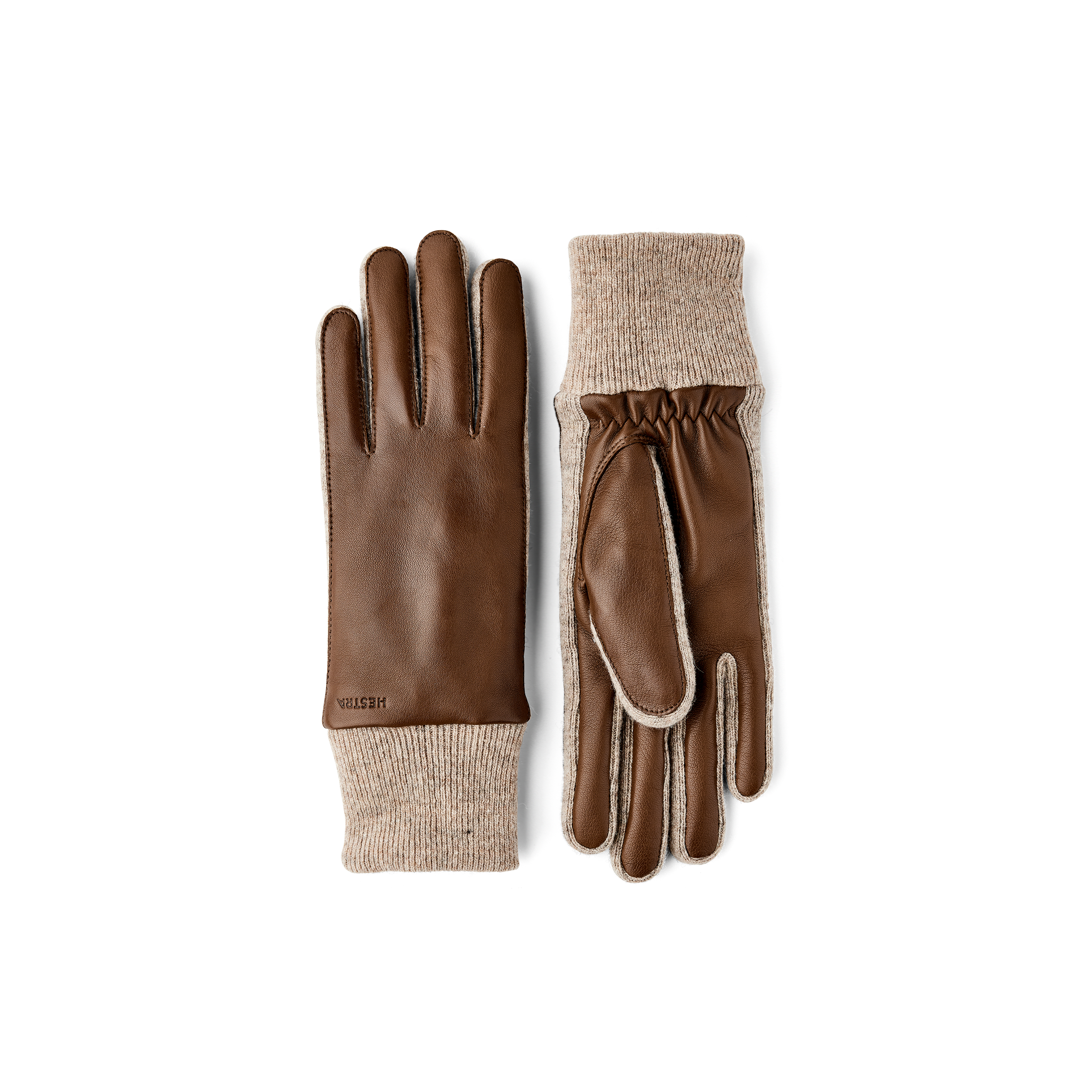 Brun maskinsydd skinnhandske i lammnappa med ljusbeige stickad mudd och sidor