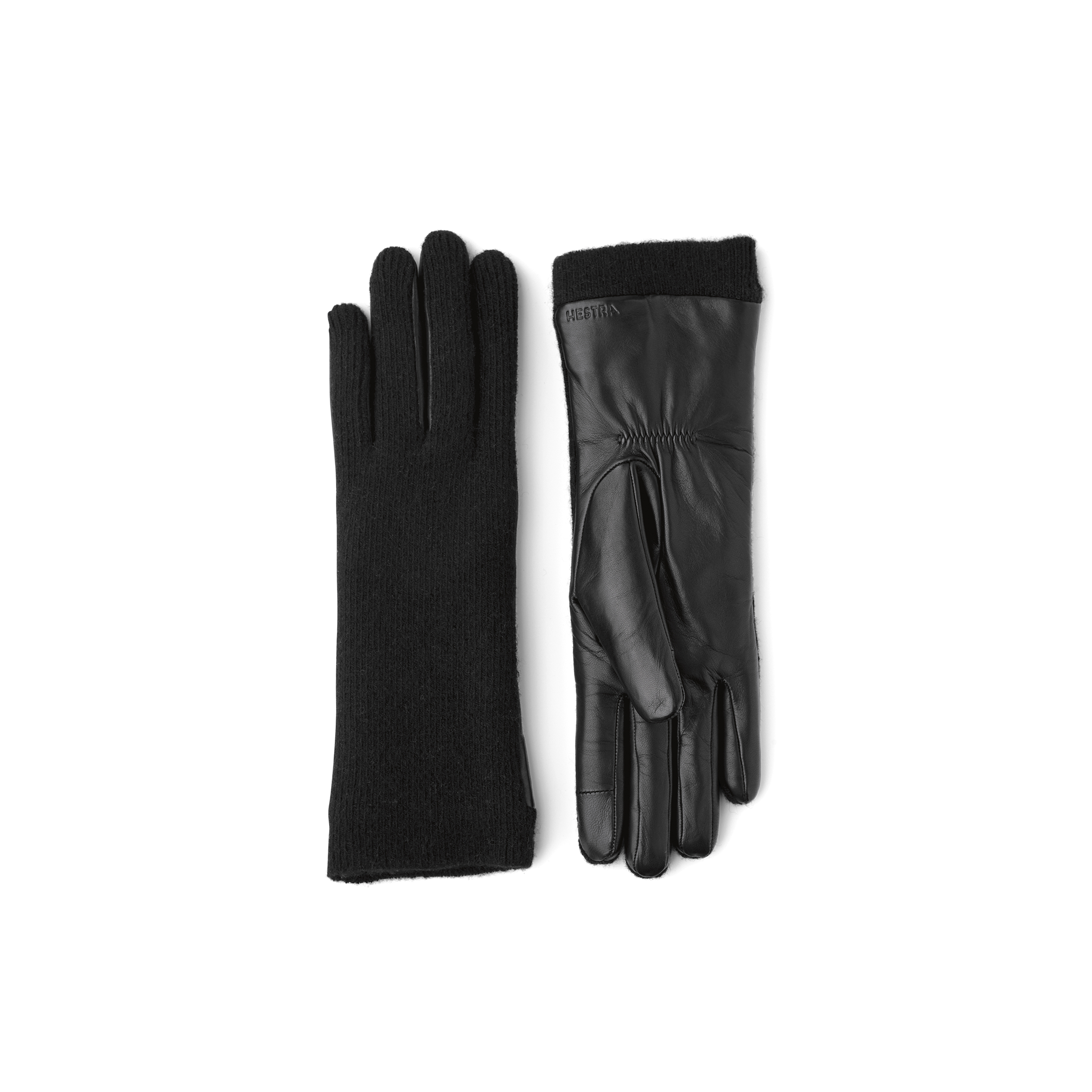 Svart maskinsydd skinnhandske i lammnappa med stickad bakhand i kashmir