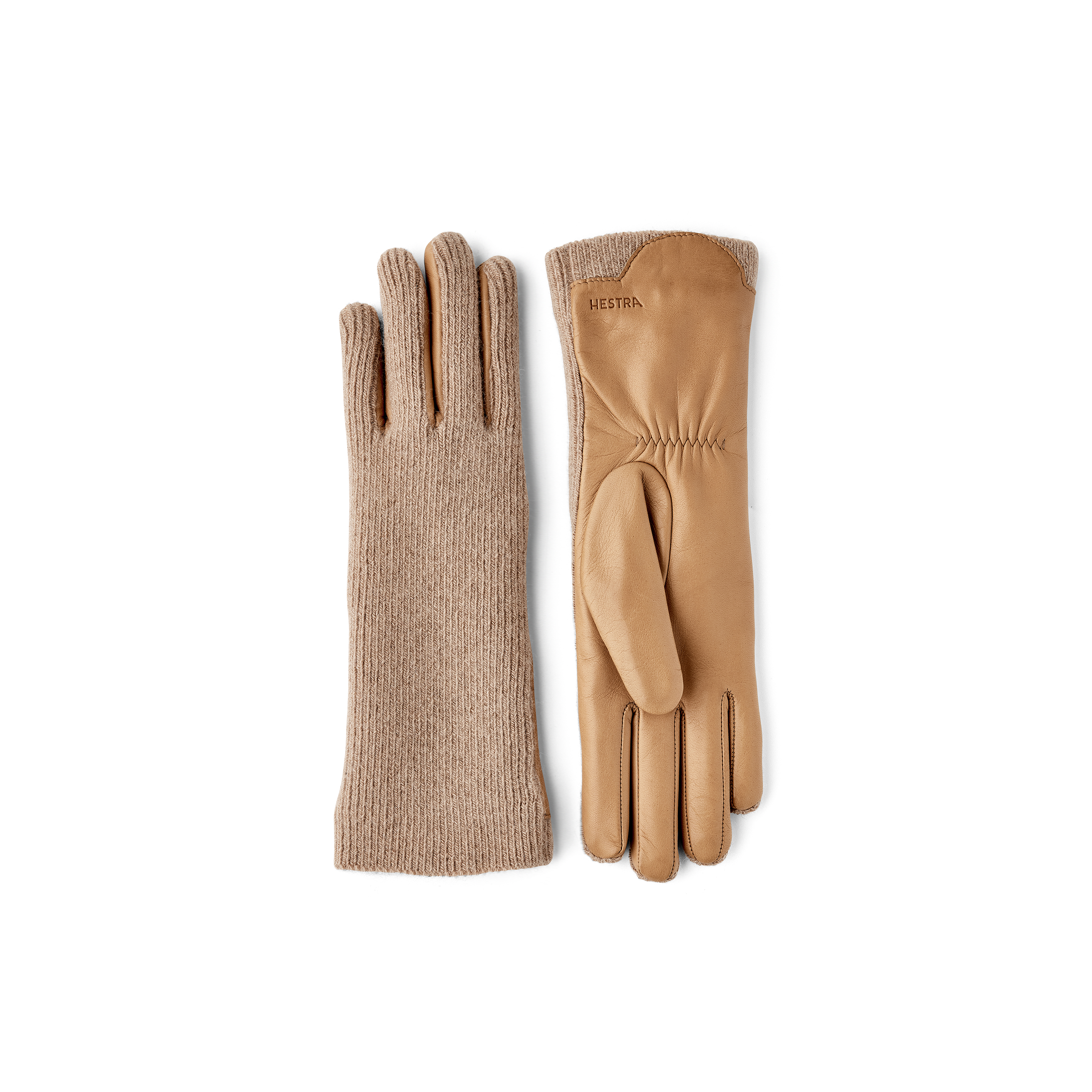 Mellangrå maskinsydd skinnhandske i lammnappa med stickad bakhand i ljusgrå kashmir
