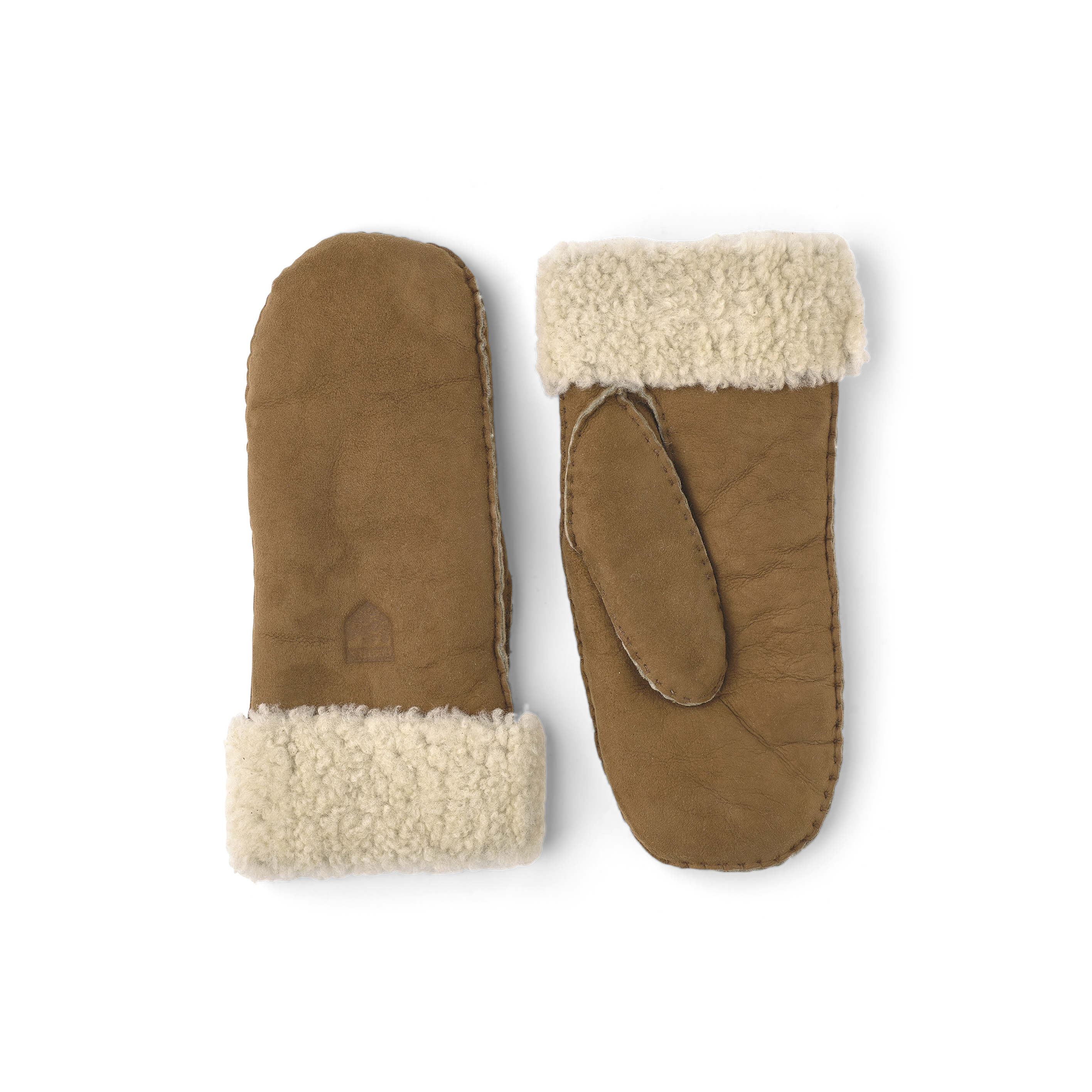 Beige tumhandske i pälsmocka med nedvikt ljusbeige pälskant