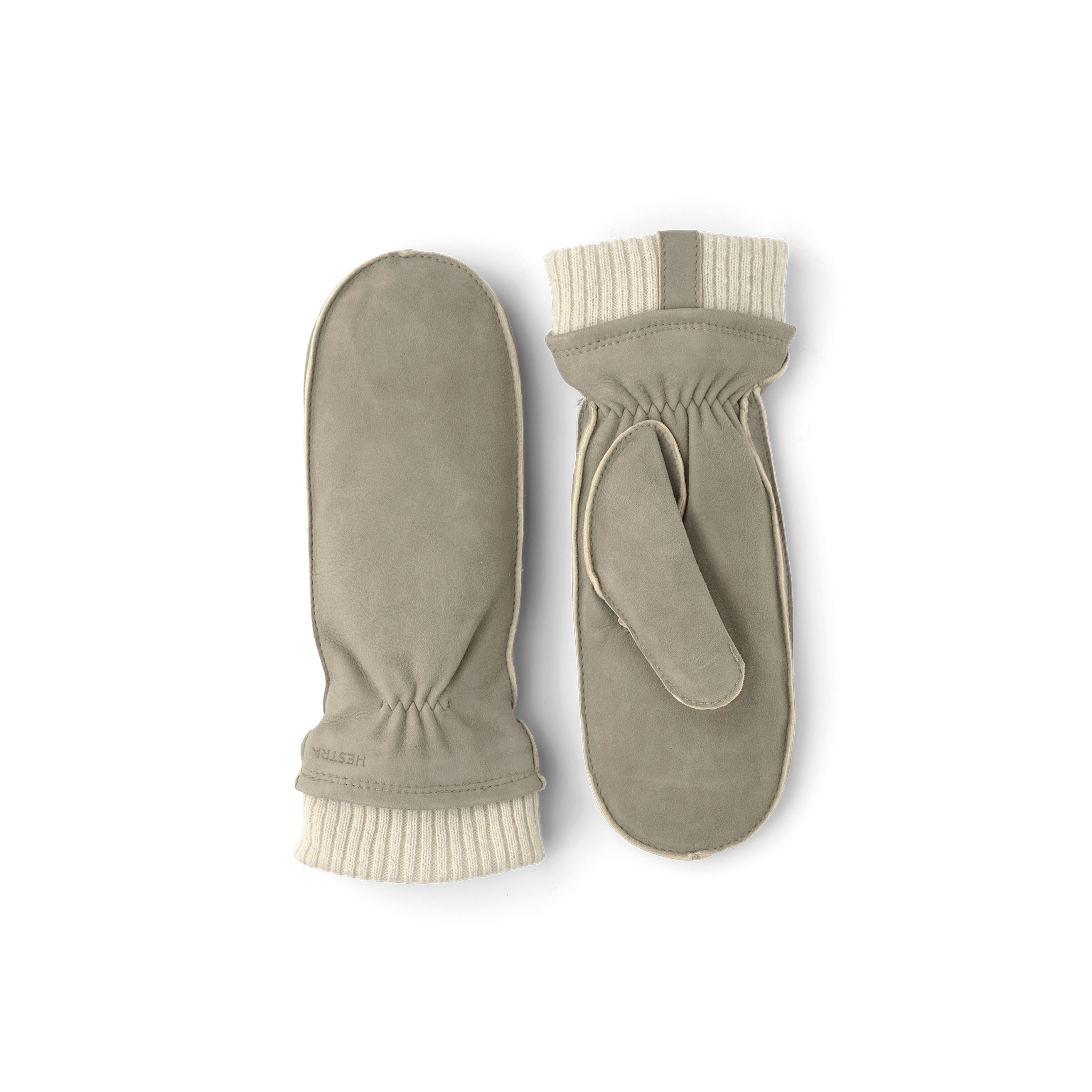 Beigegrå maskinsydd tumhandske i mocka med ljusbeige stickad mudd