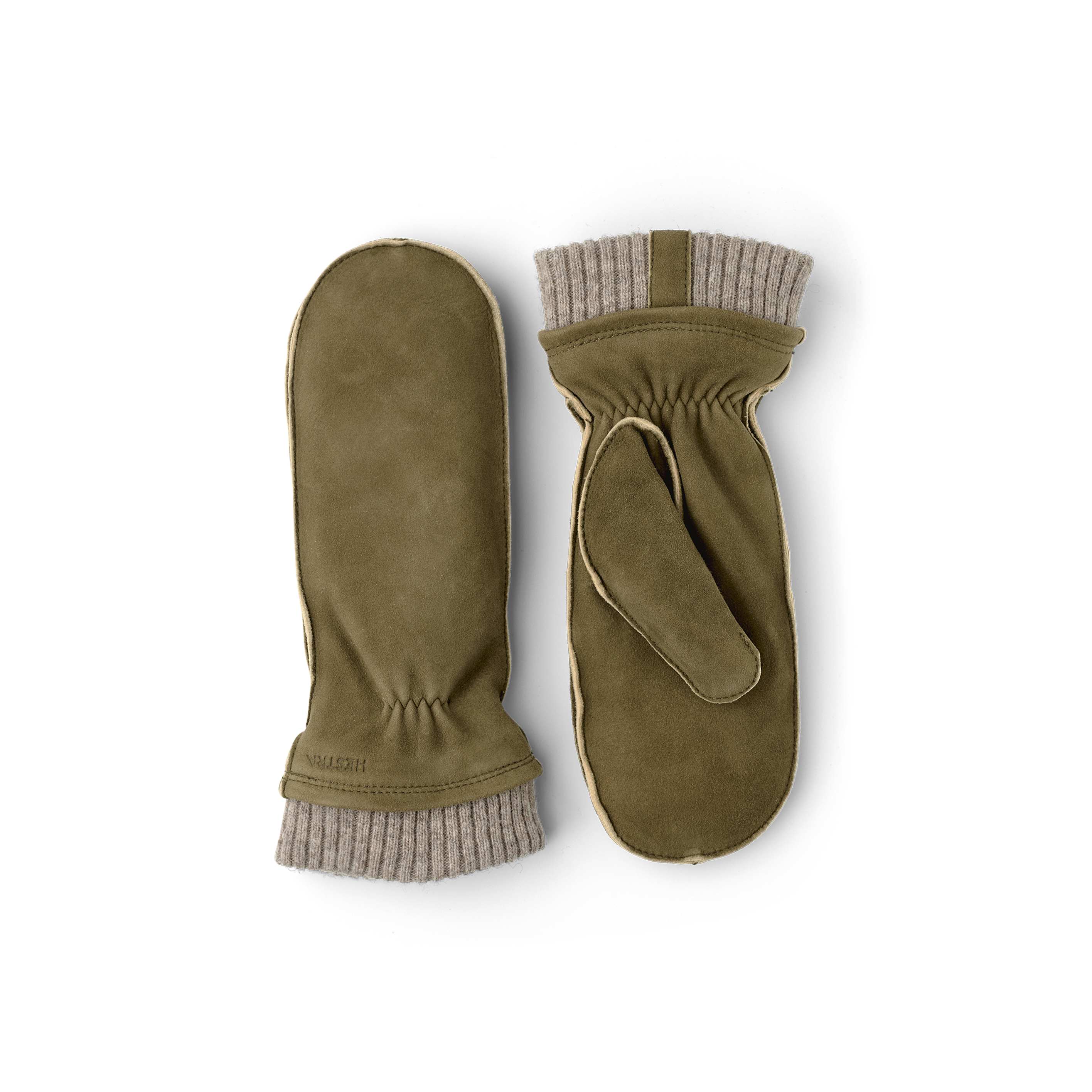 Mossgrön maskinsydd tumhandske i mocka med beige stickad mudd