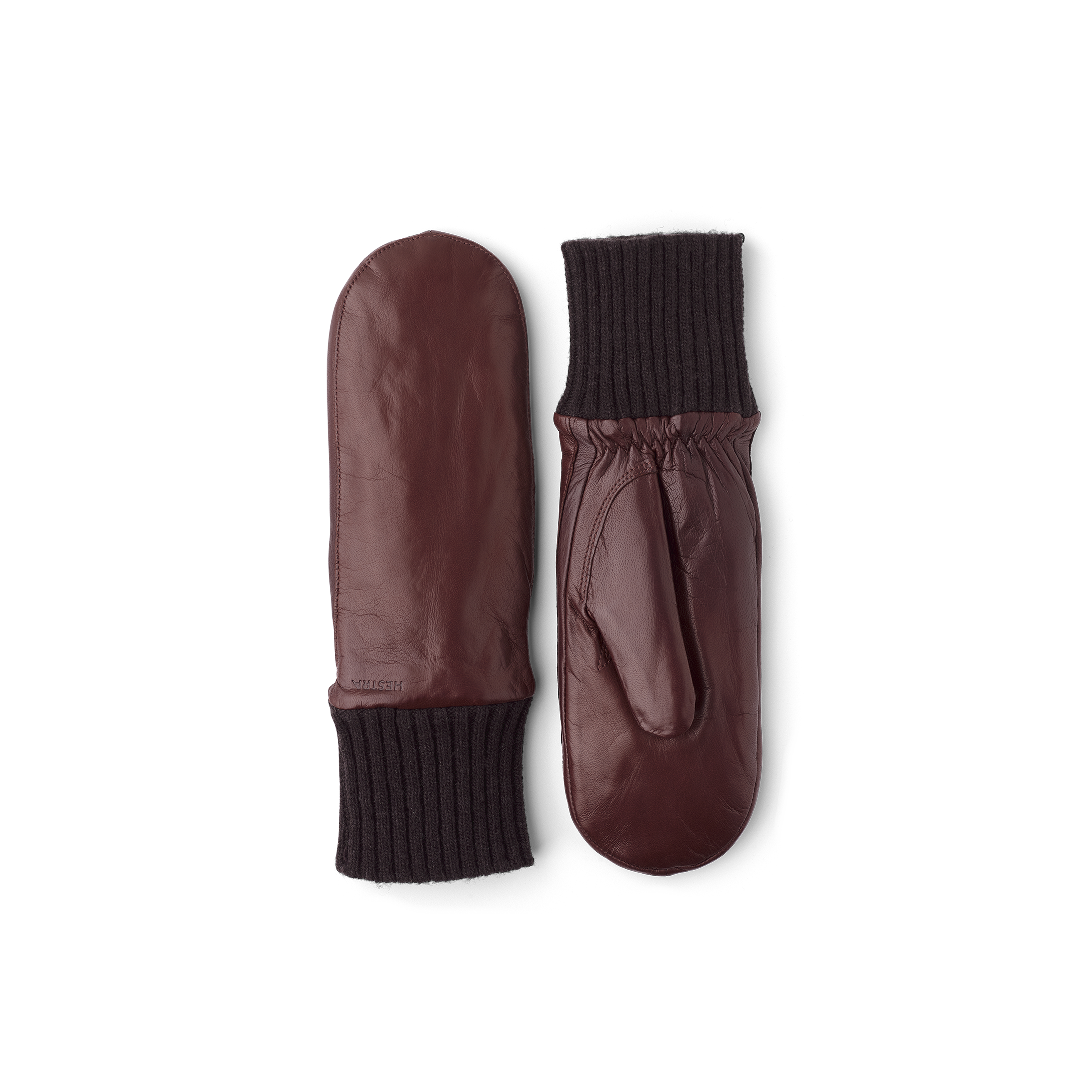 Brun maskinsydd tumhandske i lammnappa med stickad mudd