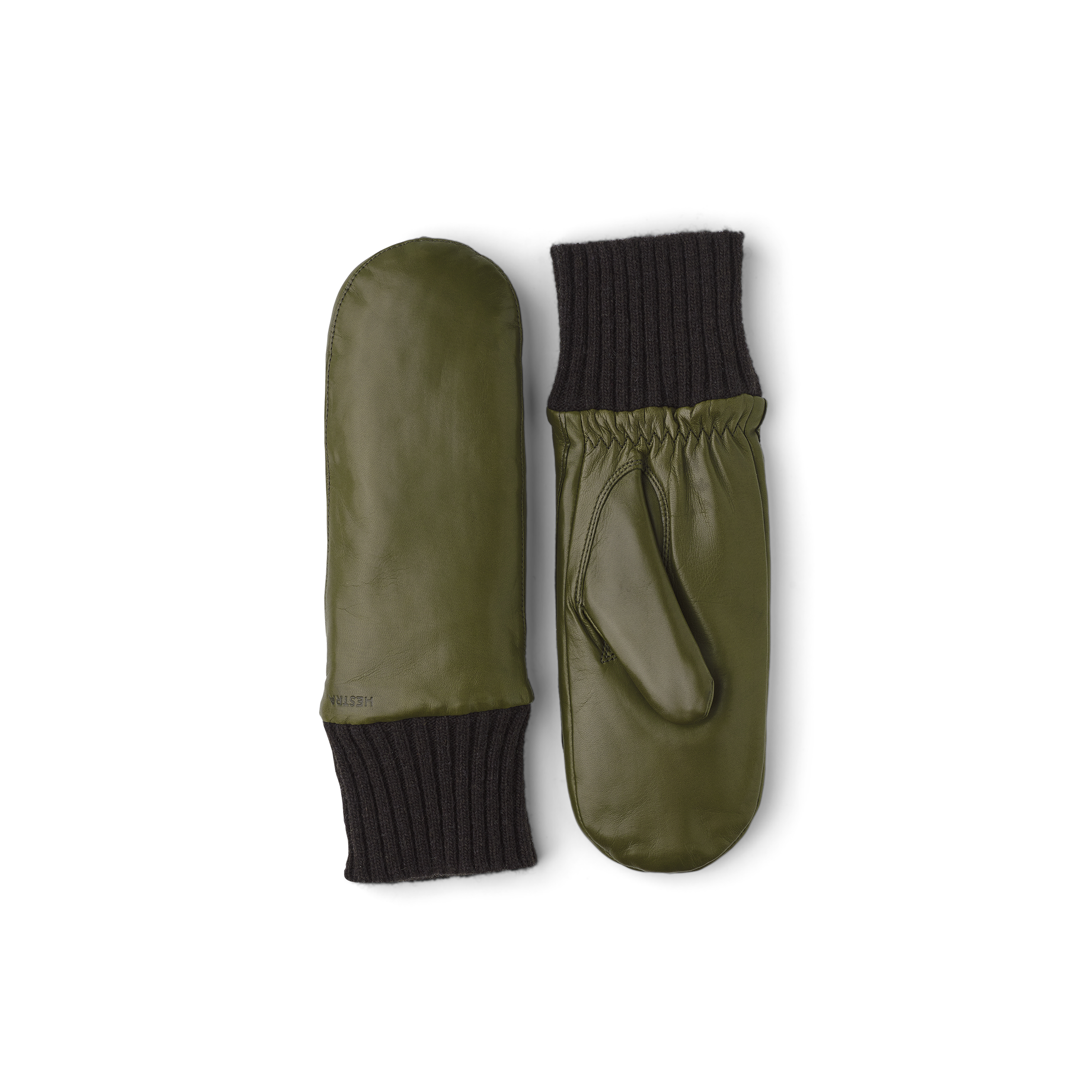 Mossgrön maskinsydd tumhandske i lammnappa med brun stickad mudd