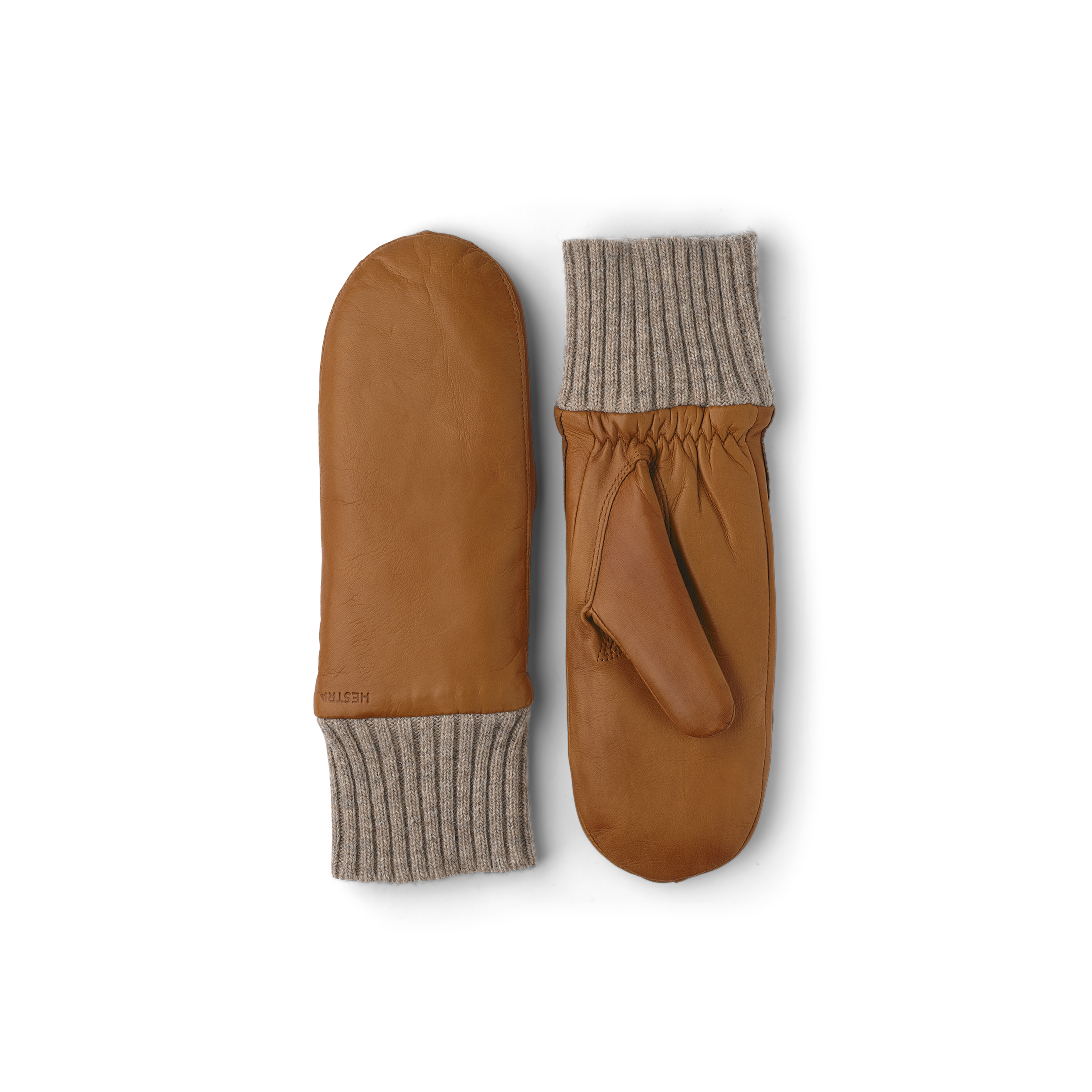 Ljus brungul maskinsydd tumhandske i lammnappa med beige stickad mudd