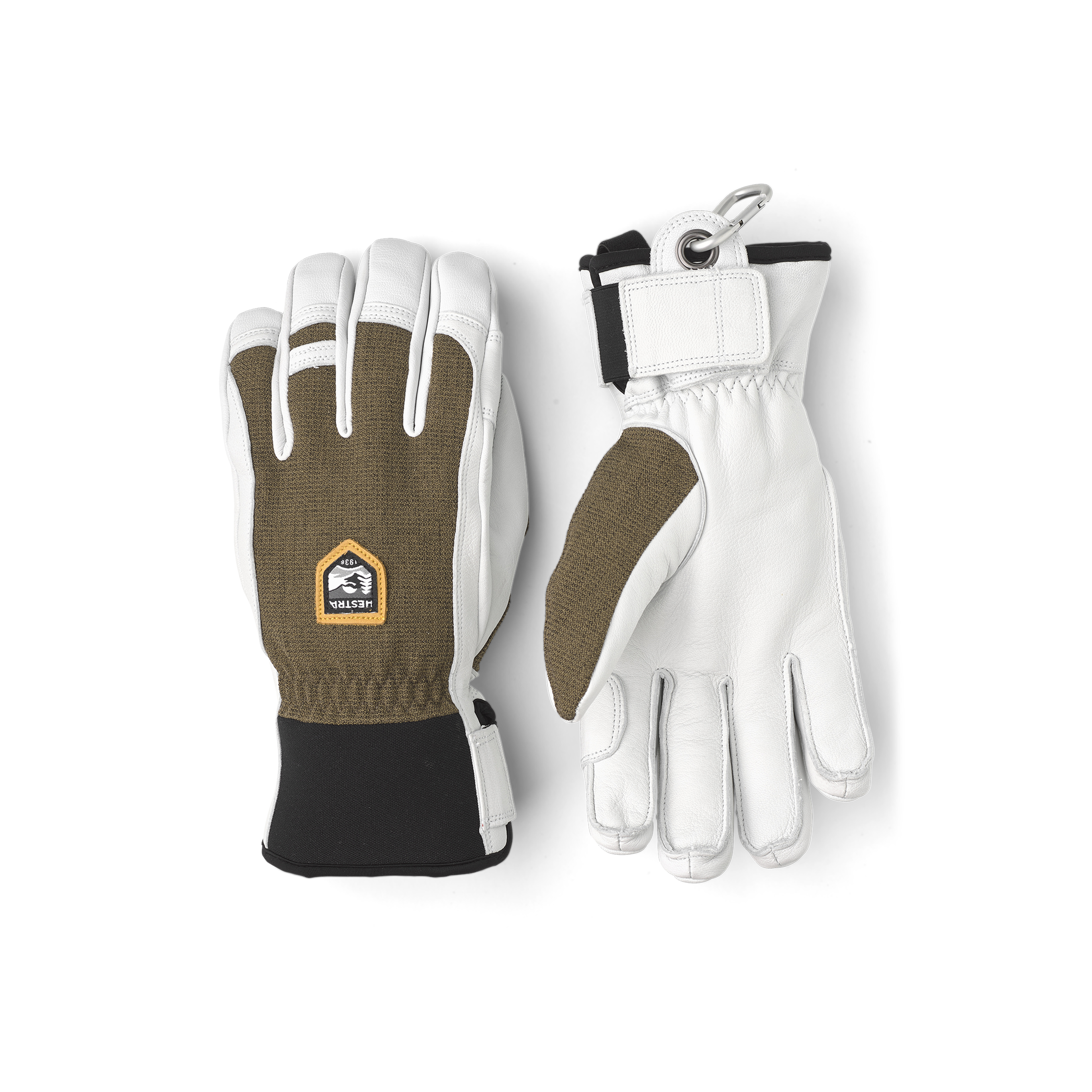 Mossgrön skidhandske med vitt getskinn i innerhanden