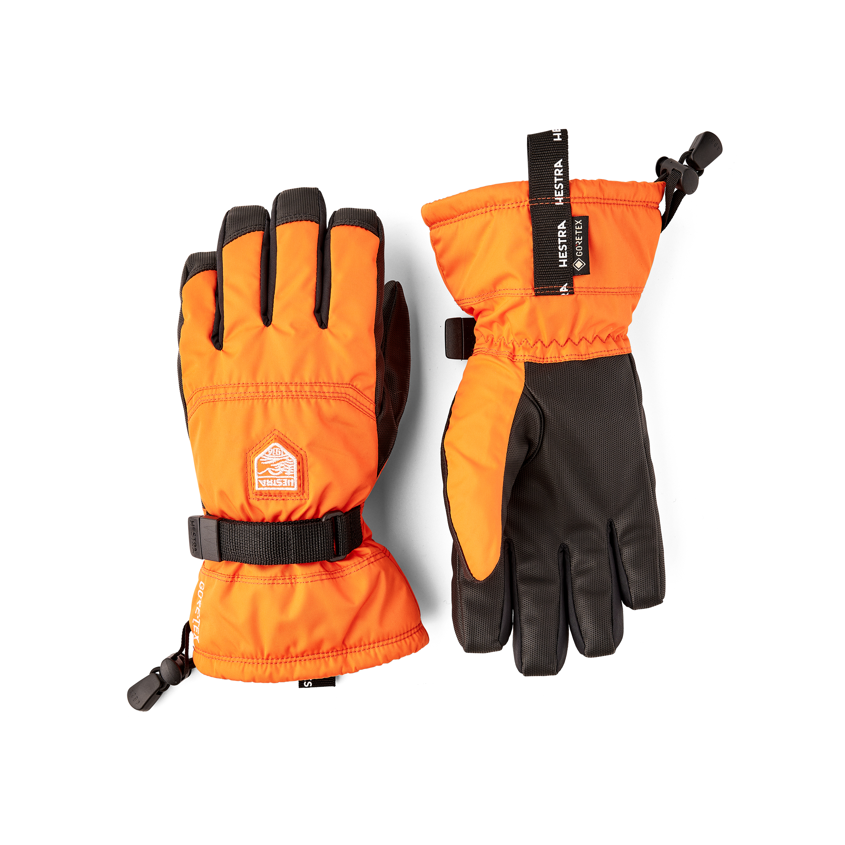 Orange barnhandske i tyg med svart innerhand i syntetmaterial och handledsjustering