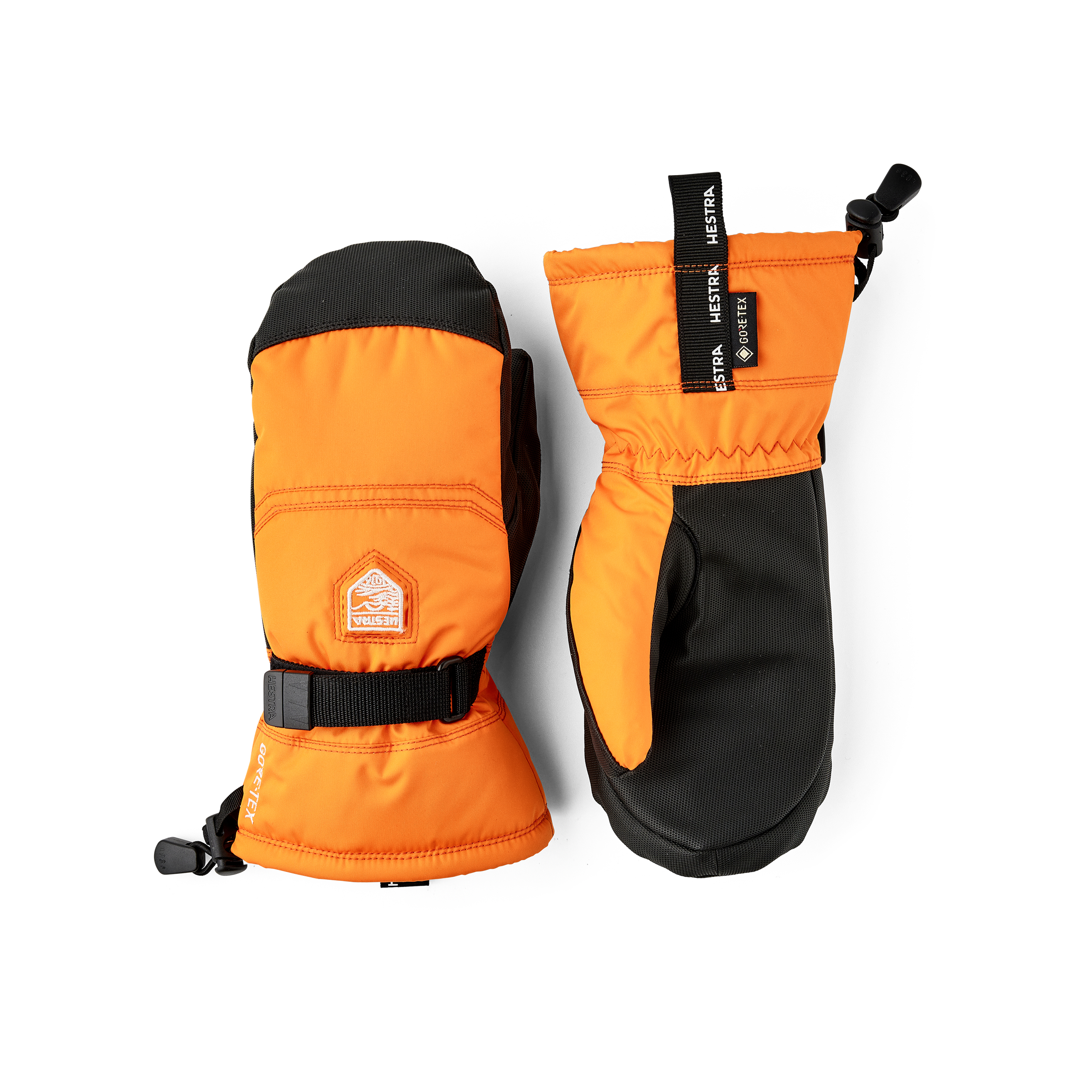 Orange tumhandske i tyg med svart innerhand i syntetmaterial och handledsjustering