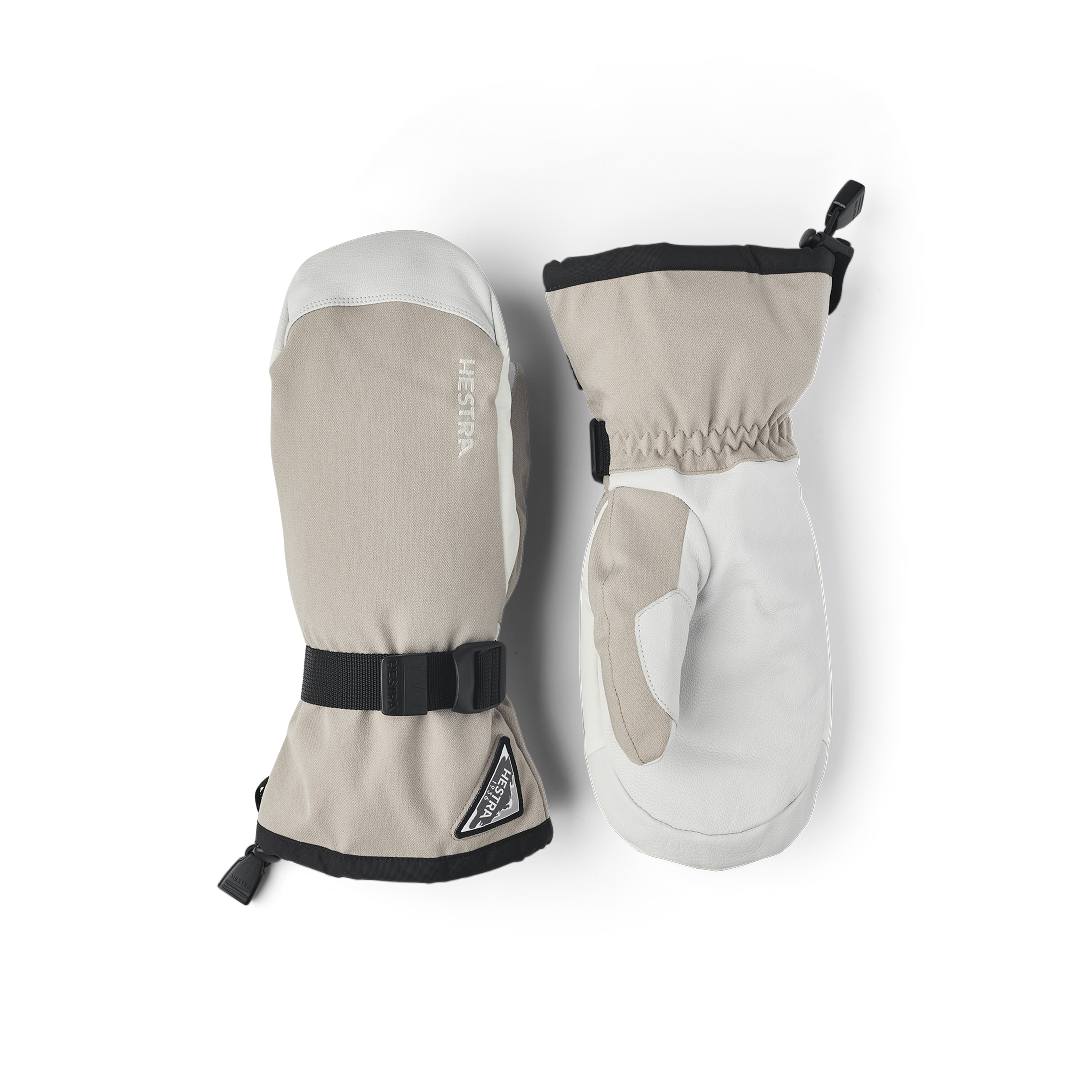 Beige tumhandske med vitt getskinn i innerhanden och handledsjustering