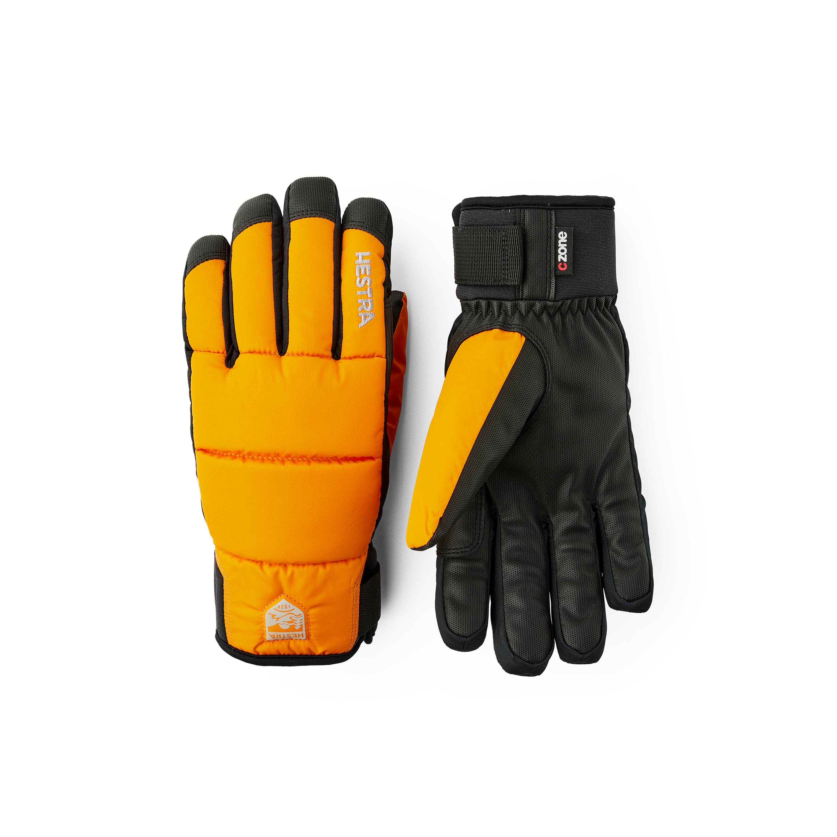 Orange skidhandske i tyg med svart innerhand i syntetmaterial