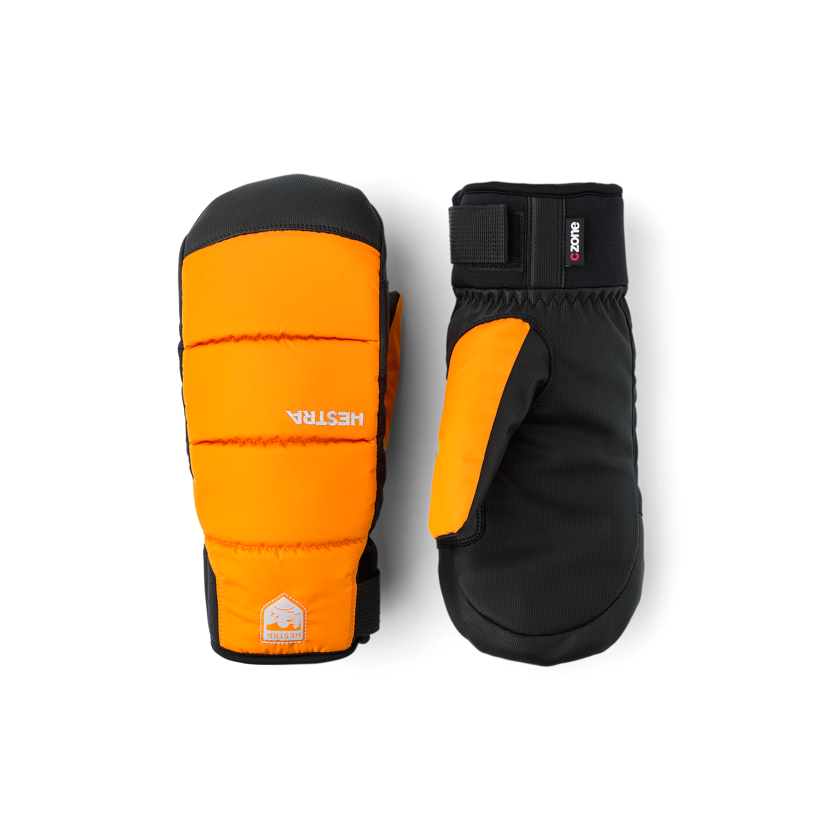 Orange tumhandske i tyg med svart innerhand i syntetmaterial