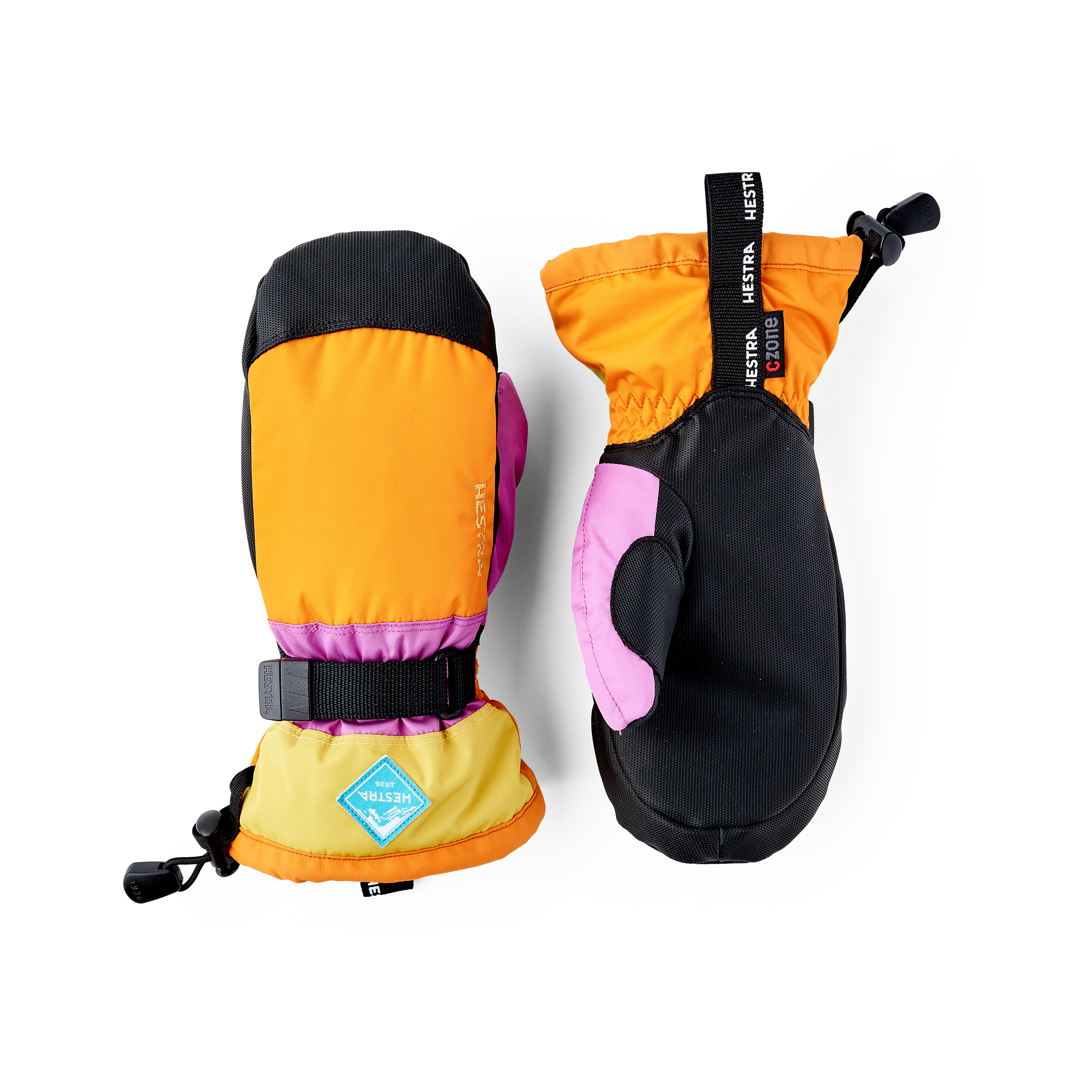 Orange och rosa tumhandske med svart syntetmaterial i innerhanden och handledsjustering